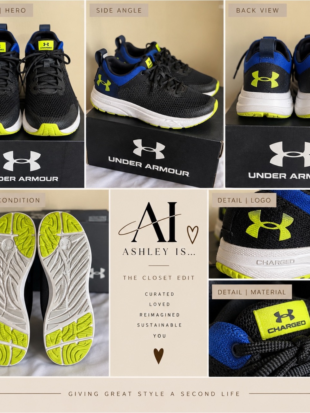 Under Armour Kids Black, Blue & Neon Yellow Sneakers